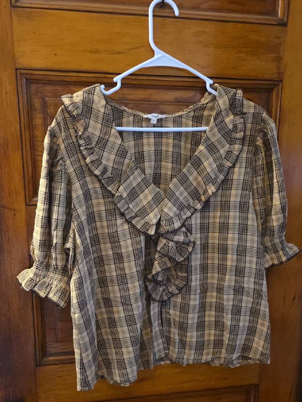 EASEL Ruffled Plaid V-Neck Top